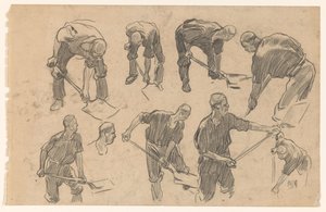 Hoja de estudio con bocetos de un trabajador que escupe de Pieter de Josselin