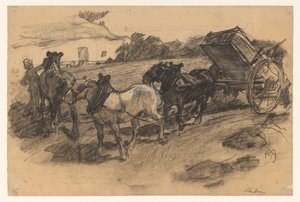 Toom de tres caballos delante de un carro en un campo inclinado en Limburgo de Pieter de Josselin