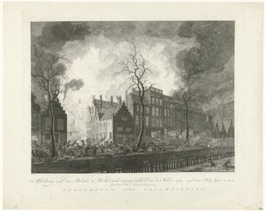 Incendio en Pottery Alley en Rotterdam, 1779 Imagen, van den Brand, ocurrido en Rotterdam, el 11. Marzo de 1779. van den Maas Silk en exhibición (título sobre el objeto) de Pieter de Mare