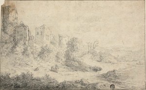 Paisaje con castillo en ruinas y tres figuras de Pieter de Molijn
