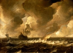 Una flauta y otras embarcaciones frente a la costa holandesa, mediados del siglo XVII (pintura al óleo)