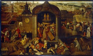 Cristo expulsando al prestamista del templo. (Cristo expulsando al prestamista del templo). Con escenas de la Pasión de Cristo de fondo, ante el panorama de la ciudad. Pintura de un artista holandés influenciado por Hieronymus (Jerome) Bos de Pieter Bruegel the Elder