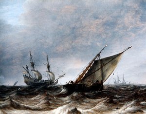 Un smalschip y un barco de guerra en mares agitados de Pieter the Elder Mulier
