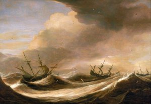 Barcos en alta mar huyendo de la tormenta, velas reducidas, sacudidos por las fuertes olas. Óleo sobre madera, hacia 1640, de Pieter Mulier (1615-1670).