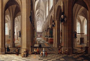 El interior de una catedral gótica con ciudadanos y peregrinos, 1647 de Pieter the Elder Neeffs