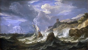 Naufragio en una tormenta cerca de una costa rocosa. Óleo sobre lienzo, mediados del siglo XVII, de Pieter Mulier II el Joven (o Pietro Mulieribus o Pietro Cavaliere Tempesta) (1637-1701).