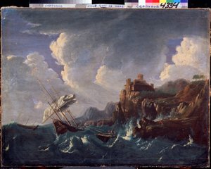 Mar tormentoso. Mar tormentoso. Pintura de Pieter Mulier II el Joven (o Pietro Mulieribus o Pietro Cavaliere Tempesta) (1637-1701). Arte holandés, estilo barroco. Óleo sobre tela. Museo Estatal de Historia y Arte, Serpukhov (Serpukhov). de Pieter the Younger Mulier