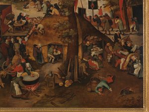 Festival de un pueblo, con una representación teatral y una procesión en honor a San Huberto y San Antonio de Pieter Brueghel the Younger