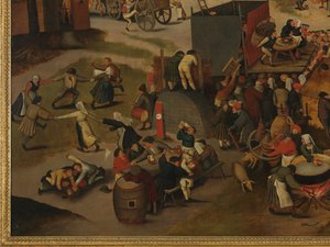 Festival de un pueblo, con una representación teatral y una procesión en honor a San Huberto y San Antonio de Pieter Brueghel the Younger