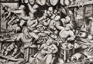 Mendigo siendo expulsado de la cocina de un hombre rico, en el siglo XVI de Pieter the Younger Brueghel