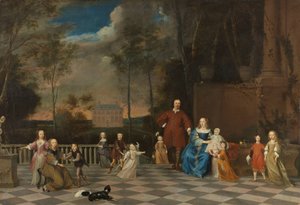 El comerciante de Ámsterdam Jeremias van Collen (1619-1707) con su esposa y sus doce hijos de Pieter van Anraedt (attributed to)