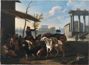 Campesinos frente a una posada, una ciudad y ruinas antiguas más allá de Pieter van Bloemen