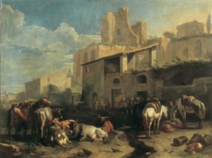 Viajeros y varios animales se detienen frente a una taberna con ruinas romanas en el fondo de Pieter van Bloemen