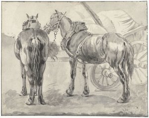 Dos caballos de enganche junto a un carro