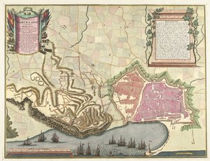 Kaart van het beleg van Barcelona, ​​1706 Plano de la Ciudad de Barcelona y Chateau de Mont Juy con los acercamientos del Ejército de Francia (...) (título sobre objeto)