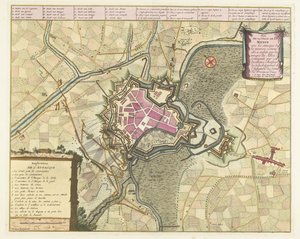 Kaart van het beleg van Menen, 1706 Plano de la Ciudad de Menin con los ataques (...) de las tropas de los Aliados (...). (título en el objeto) de Pieter van Call (II)