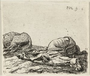 Alemán: Zwei tote Pferde
Francés: Les deux chevaux morts
Dos caballos muertos de Pieter van Laer