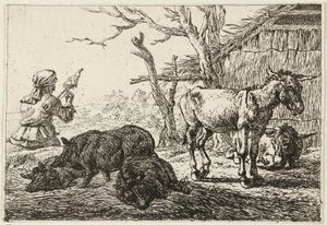 Cerdos y burros en un establo, a la izquierda una hilandera de Pieter van Laer