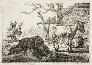 Cerdos y burros en un establo, a la izquierda una hilandera de Pieter van Laer