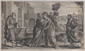 Visitación, Santa Isabel abrazando a la Virgen en el centro mientras San José camina hacia..., ca. 1656-60