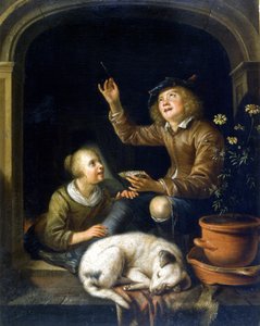La burbuja de jabón. Pintura de Pieter Corneliszoon van Slingelandt (1625 - 1691). Museo del Castello de Milán. de Pieter van Slingelandt