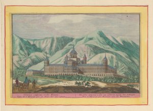 Vista trasera del Escorial El auto Escorial; para ser visto desde atrás, contra las Montañas (título sobre el objeto) Theatrum Hispaniae (...) (título de serie)
