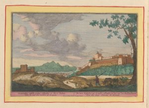 Vista de los edificios de la Alhambra de Granada Los dos castillos de Granada, Alhambre y el de den Rooden Tooren (título sobre objeto) Theatrum Hispaniae (...) (título de serie)