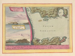 Vista del Peñón de Gibraltar y mapa del Estrecho de Gibraltar El Estrecho, o estrecho de dos Duytsche mylen, entre España y África (...) (título sobre objeto) Theatrum Hispaniae (...) (título de serie)