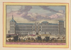 Vista frontal del Palacio Real de Madrid El Palacio del Rey, de frente, dentro de Madrid (título sobre objeto) Theatrum Hispaniae (...) (título de serie) de Pieter van den Berge
