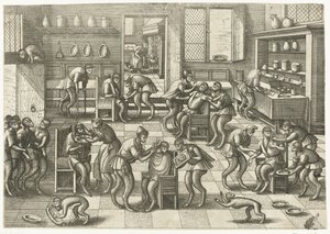 Tienda de barberos y cirujanos Juego de monos (título de la serie) de Pieter van der Borcht (I)