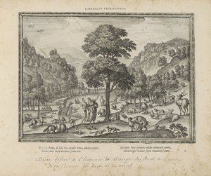 Dios le mostró a Adán het paradijs Prohibición liberal (título sobre objeto) Los emblemas sagrados y las principales historias de ambos testamentos (Oude Testament) (título de la serie) Imágenes y figuras de libros (título de la serie) de Pieter van der Borcht (I)