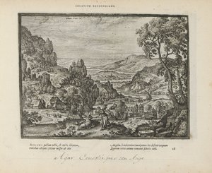 Landschap conoció a Hagar en de engel Consolando el fuego (título sobre el objeto) Los emblemas sagrados y las principales historias de ambos testamentos (Oude Testament) (título de la serie) Imágenes y figuras de libros (título de la serie) de Pieter van der Borcht (I)