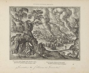 Vernietiging van Sodoma en Gomorra / Lot en zijn dochters Monumento eterno de la justicia (título sobre objeto) Los emblemas sagrados y las principales historias de ambos testamentos (Oude Testament) (título de la serie) Imágenes y figuras de libros (títul de Pieter van der Borcht (I)