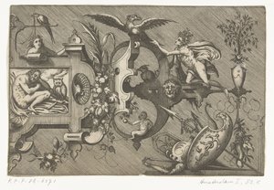 Mitad derecha de un cartucho grande que representa la Noche Compertimenta pictoriis flosculis manubiisque… (título de la serie)