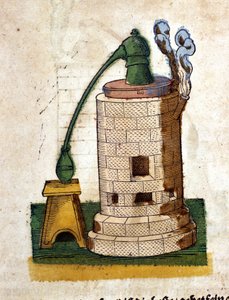Alquimia: Aparato para destilación. Grabado de un libro de Pietro Andrea Mattioli (Matthiole) (1500-1577). Frankfurt de Pietro Andrea Mattioli
