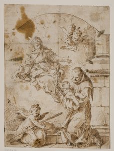 San Antonio de Padua arrodillado con el Niño Jesús en sus brazos mientras la Virgen y los ángeles aparecen en el cielo de Pietro Antonio Novelli