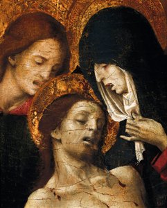 Descendimiento de la Cruz (Deposizione), detalle de San Juan, la Virgen María y Cristo, principios del siglo XVI (temple sobre tabla) de Pietro Cavaro