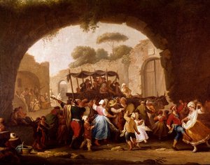 Escena de baile y fiesta popular en Nápoles (detalle). Bailarines de tarantela. Pintura de Pietro Fabris (activo entre 1763 y 1776) Siglo XVIII. Nápoles, Museo Nacional de San Martino de Pietro Fabris