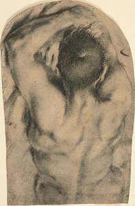 Desnudo masculino yacente de medio cuerpo visto de espaldas, c.1590 (carboncillo, toques de óleo y trazas de blanco de plomo sobre papel) de Pietro Faccini
