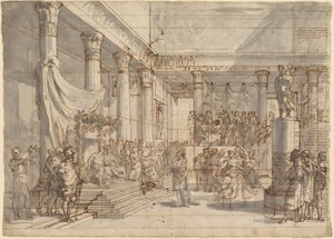 Timoteo tocando la lira ante Alejandro y Thaïs en el salón del palacio de Persépolis de Pietro Fancelli