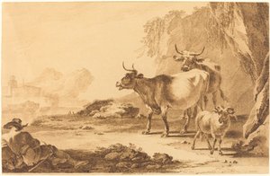 Paisaje con ganado, una cabra y un pastor descansando de Pietro Giacomo Palmieri