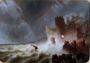 Lido solitario Paisaje marino, con barco atrapado en la tormenta, y estrellado en los acantilados. Pintura de Pietro Giuria (siglo XIX) Dim. 140x200 cm Genes Nervi, Galería de Arte Moderno, inv. 0336