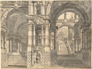 Fantasía de Magníficos Patios y Logias con una Escalera Monumental de Pietro Gonzaga