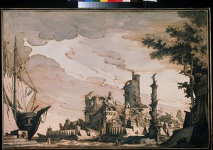 Decoración Teatro ""Vista De Un Puerto"". Acuarela de Pietro di Gottardo Gonzaga (1751-1831) 1818. Acuarela y tinta sobre papel. Moscú, Museo Pushkin de Pietro Gonzaga