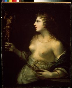 ""Urania"" (Urania) representación de la musa protectora de la astronomía y la astrología, sosteniendo una mano sobre una esfera. Pintura de Pietro Liberi (1614-1687) Museo de Arte Mikhail Kroshitsky del siglo XVII, Sebastopol (Sebastopol) Ucrania de Pietro Liberi