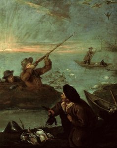 Cazadores disparando a patos