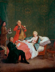 Chocolate matutino, joven mujer de la nobleza en su cama servida por tres hombres de Pietro Longhi