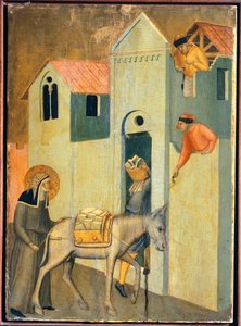 El bendito va mendigando los materiales para construir el monasterio, azulejo del retablo de la Beata Humildad, por Pietro Lorenzetti de Pietro Lorenzetti