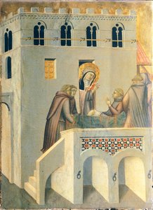 El bendito cura el pie de un monje de la Abadía de Vallombrosa, azulejo en el retablo de la Beata Humildad de Pietro Lorenzetti