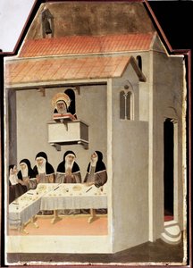 El santo analfabeto lee milagrosamente (Políptico de la vida de Santa Humildad) de Pietro Lorenzetti